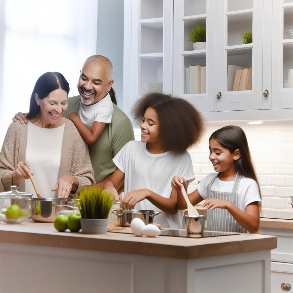 Happy family in organized kitchen